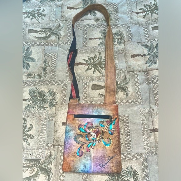 Butterfly bag hand painted Anuschka purse bohemian travel messenger bag - Picture 3 of 16